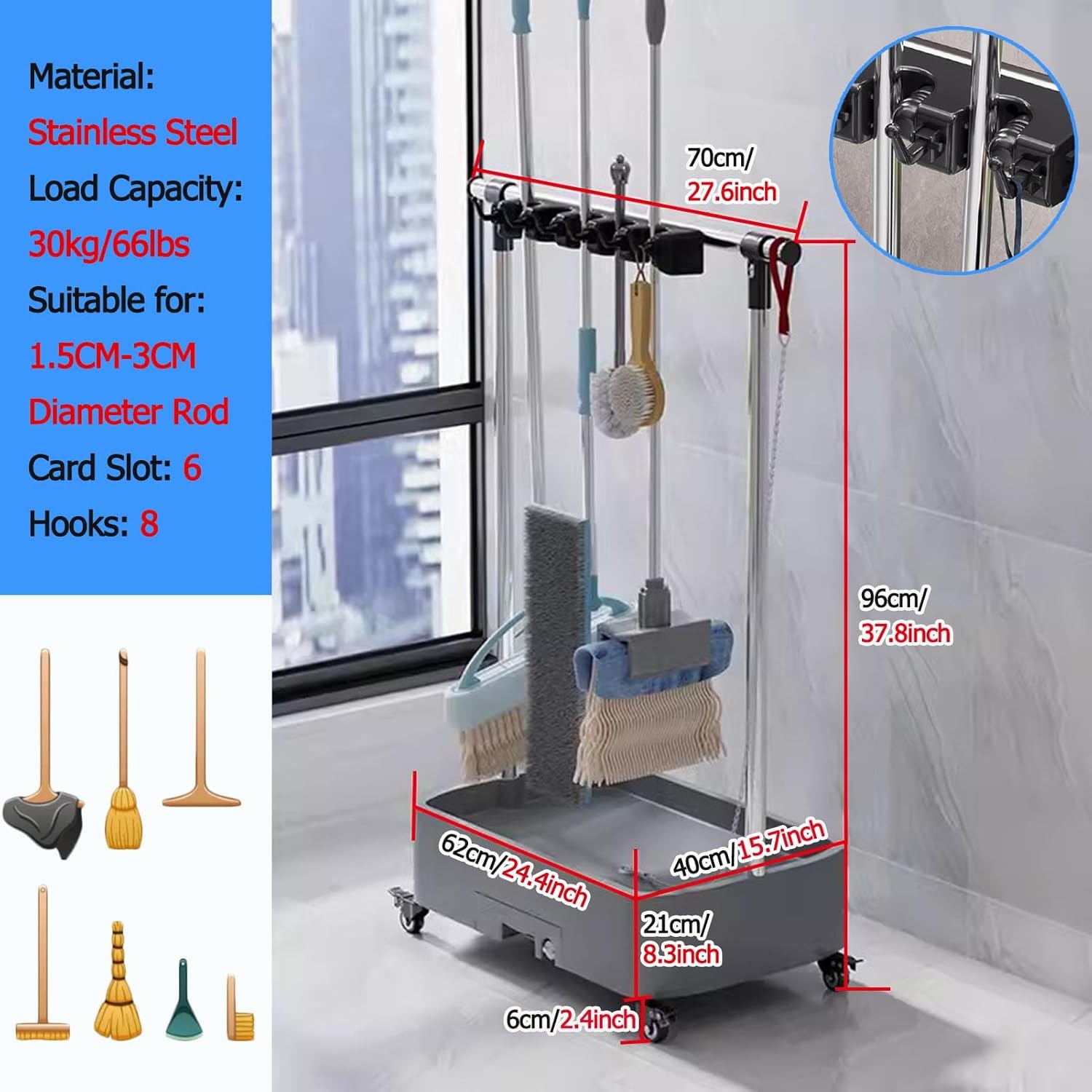 BRAND, CATEGORY, INDOOR SKI STORAGE, YXXSDP, YXXSDP Movable Mop Broom Holder for Put Wet Mops, Floor-Mounted Mop Rack/Cleaning Tool Storage Cart, Garden Tool Stand for Garage Shed Basement Factories (Size : 100x40x96cm/39.4x15.7x37.8inch)