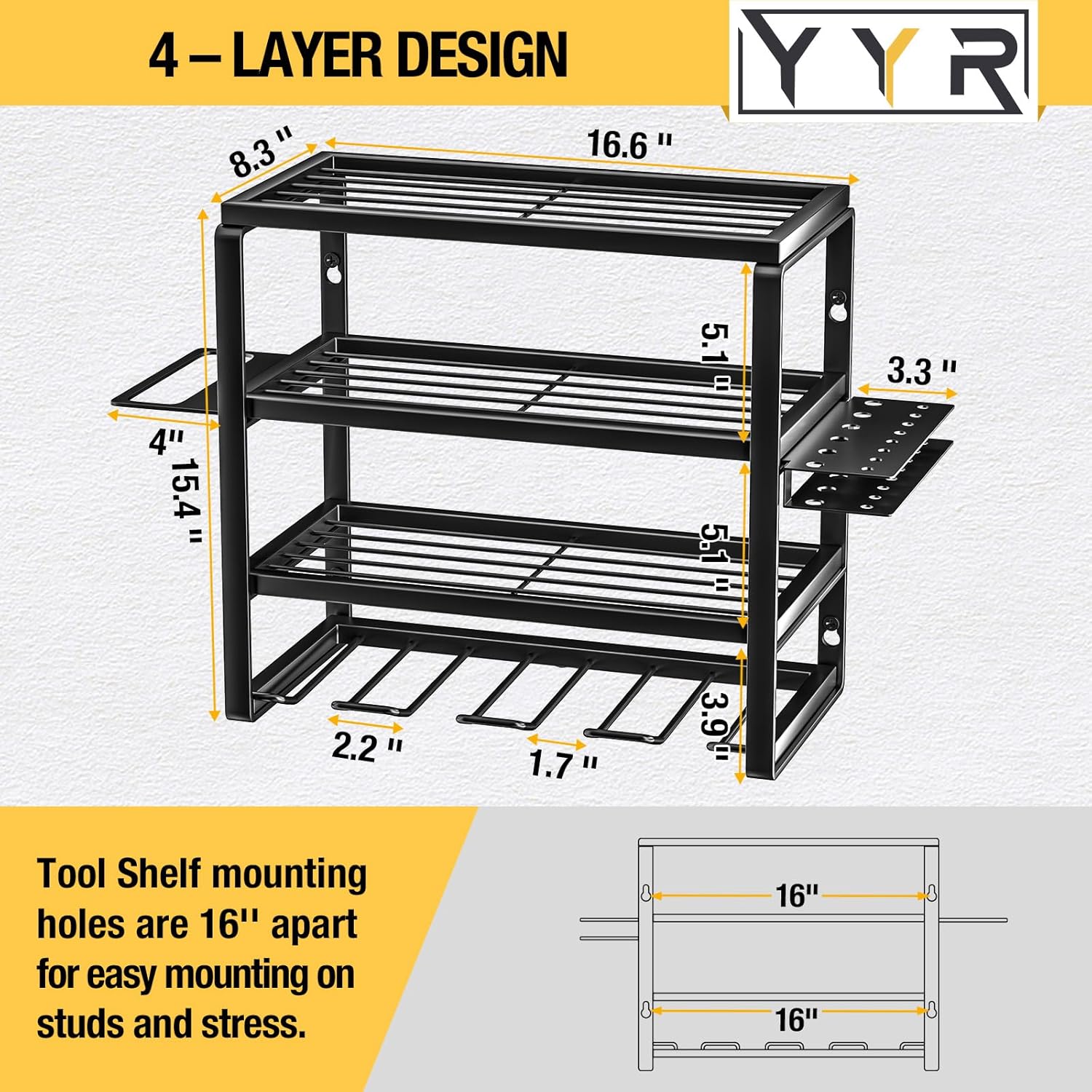 BRAND, CATEGORY, STORAGE RACKS, YYR, YYR 4 Layer Power Tool Organizer Wall Mount, Cordless Drill Hanger Storage Rack, Battery Tools Holder with Charging Station Shelf for Garage Organization, Workshop, Pegboard, Shed - 32 Inch 8 Slots