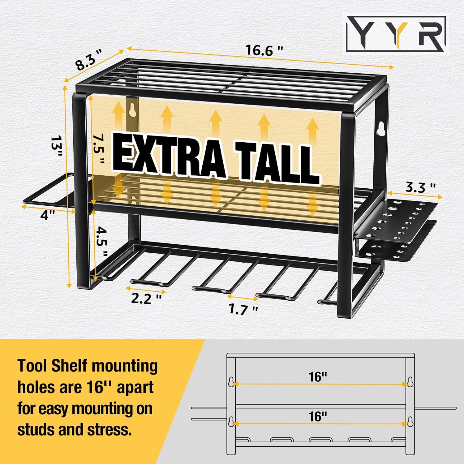 BRAND, CATEGORY, STORAGE RACKS, YYR, YYR Heavy Duty Power Tool Organizer Wall Mount, Cordless Drill Hanger Storage Rack, Battery Tools Holder with Charging Station Shelf for Garage Organization, Workshop, Pegboard, Shed - 32 Inch 8 Slots