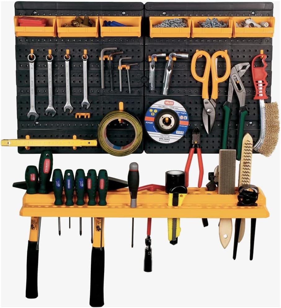 BRAND, CATEGORY, STORAGE RACKS, VIDAXL, 'vidaXL 26 Tool Wall with 1 Rack and 19 Hooks in Black and Yellow - Sturdy Polypropylene Garage Organizer for Hand Tools and Accessories